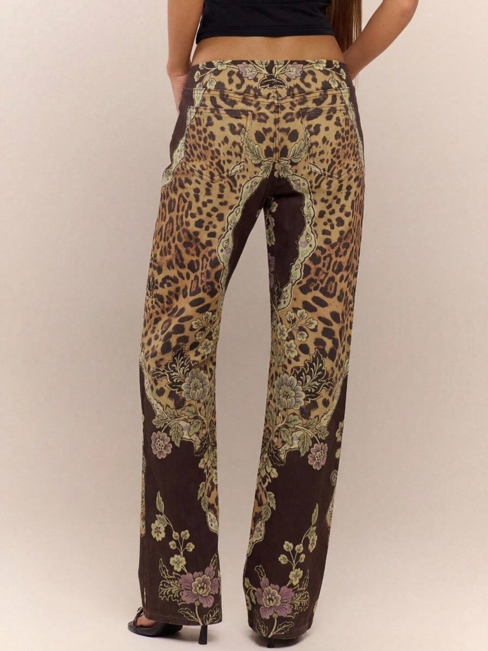 Brown Casual Women's Peacock Print Lace-Up Straight Leg Jeans - Picture 2 of 5